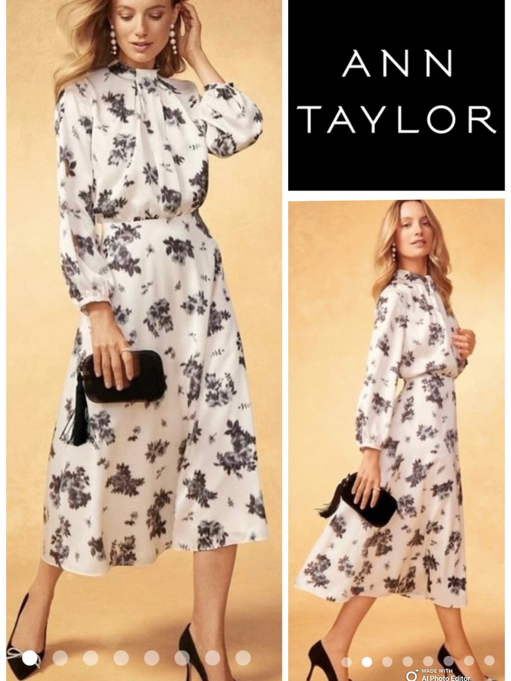 Ann Taylor Floral Satin Mock Neck Midi Dress - Size 8 (Like New!)